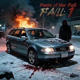 Audi A4 B6 Avant (2002), a gritty neo-noir, dramatic lighting, cinematic, eerie person, death, homicide, homicide in the snow, viscera splattered, gunshots, bullet holes, establishing shot, extremely high detail, photorealistic, arson, cinematic lighting, artstation, by simon stalenhag, Max Payne (PC) (2001) winter New York at night, In the style of Max Payne 1 graphic novel, flashing lights, Poets of the Fall - Late Goodbye