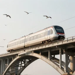a modern train on an arch bridge, grey birds flying, high quality, award winning photography