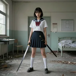 School girl holding a katana and standing on an abandoned hospital room, by Joseph Mallord William Turner