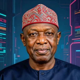 hyper realistic portrait of president muhammadu buhari in the middle of a broad cyberpunk background with lots of space all round, perfect face, fine details, colorful patterns, studio lighting, subtle shadows, art by tim okamura and karol bak, canon eos r 3, f / 1. 4, iso 2 0 0, 1 / 1 7 0 s, 8 k, raw, unedited, in - frame