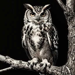 hyperrealist highly detailed cinematic lighting studio portrait of a great horned owl sitting on a tree branch, high contrast wood engraving, kentaro miura manga style, shocking detail trending on artstation 8 k
