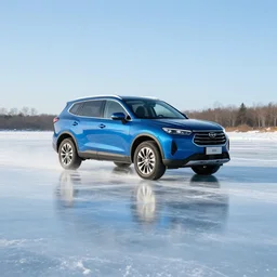 a blue SUV drifting on thin ice