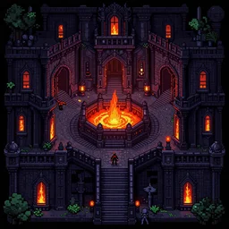 view of a dark dungeon with lava, beautiful detailed pixelart by albertov in the style of quest for glory iii, intricate details, beautiful, dithered, gradients, volumetric lighting, cgsociety, artstation, 2 d