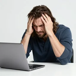 conan the barbarian sitting at a desk, frustrated at his laptop screen, laptop trouble, technical difficulties, crisp, expressive, studio photograph