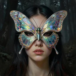 a neoclassicist close - up portrait of a an otherworldy person with a retrofuturistic butterfly mask. iridescent reflective alien textures. foggy forest black background. highly detailed science fiction painting by norman rockwell, frank frazetta, syd mead and moebius. rich colors, high contrast, gloomy atmosphere, dark background. trending on artstation.
