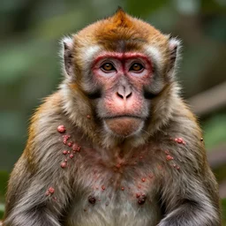 a hyperrealistic portrait of a sores, bumps, hives on skin of monkey covered with pox, hives, bumps, highly detailed, octane render, national geographic wildlife photo