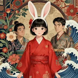 tamura yoshiyasu and callarin and kunatata and james jean, a beautiful illustration, cute girl in red dress, kimono, perfect features, rabbit ears, room with flowers + plants + waves + oriental pattern elements, illustration, rich colors, sharp edges, noise reduction, fine work, 8 k, hd, unreal engine