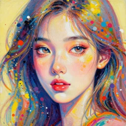 beautiful face of girl in style spotty pointism, super bright colors, colored spots, mixed liquid acrylic, painting come to life, artstation, ultradetail