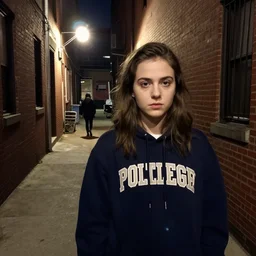 a creepy iphone camera photograph of an alleyway in west philadelphia at night, with a college - aged woman in the distance. girl in the photo wearing a navy hoodie. directed by david lynch
