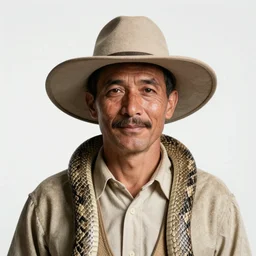 portrait of a snake oil salesman wearing a snake suit and wide brimmed hat offering you a bottle of serum formula, art by Kentaro Miura, it idn't greasy