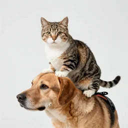 a cat riding on a dog's back, hd photograph.