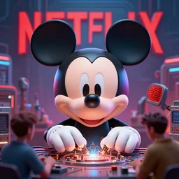 group of people around the 3 d head of mickey mouse, netflix logo on the background, cyberpunk art, repairing, tranding on artstation, cgsociety, dystopian art, masterpiece, octan render
