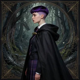 side portrait rugged girl, witch school uniform outfit large cloak, fantasy forest landscape, dragon scales, fantasy magic, undercut hairstyle, short purple black fade hair, dark light night, intricate, elegant, sharp focus, illustration, highly detailed, digital painting, concept art, matte, art by wlop and artgerm and greg rutkowski and alphonse mucha, masterpiece