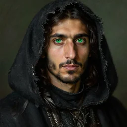 green eyes, eyes green, greeneyes, portrait painting of a middle eastern man with shoulder length hair wearing a tattered black cloak with feathers and a coat, sharp focus, award - winning, trending on artstation, masterpiece, highly detailed, intricate. art by rebecca guay