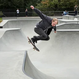 Stephen Hawking performing a flip on a ramp at a skate park