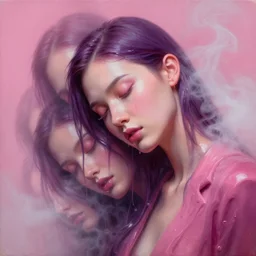 3 d, close - up, liquid purple oil, sleepy fashion model, light fog, smoke, poster art, high detail, intricate oil painting, multiple exposure, deep pink color palette, hyperrealism, 3 d, by tooth wu and wlop and beeple and greg rutkowski