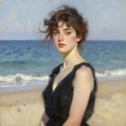 woman on the beach in black dress and pretty face, leyendecker style, camera glare in oil style
