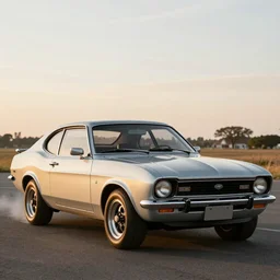1970 Ford Capri MK1, smoke drifting from tyres, golden hour.