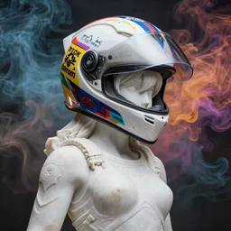 beautifully lit photo of a white marble statue of an anime girl with colorful motocross logos and motorcycle helmet with closed visor, colorful smoke in the background, carved marble statue, fine art, in the style of brancusi, neon genesis evangelion, virgil abloh, offwhite, denoise, highly detailed, 8 k, hyperreal