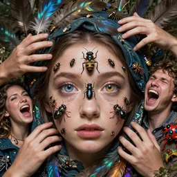 multifaceted detailed insects eyes ,reflect in a realistic beautiful human face, surrounded by fabrics covered in iridescent feathers glinting , emerging hands and beautiful women’s and men screaming laughing and crying face ,biodiversity all round , full colour , upscale , 8k