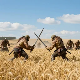 fighting the orc forces, in yellow rye field under blue sky