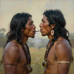 a beautiful painting of an indigenous man blowing tobacco snuff into the nose of another man , fantasy art, matte painting, highly detailed