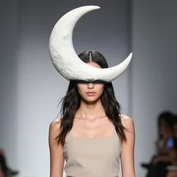 beautiful female model wearing a moon hat, surrealist fashion show, studio lighting
