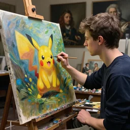 a young painter in his studio painting a picture of a colourful pokemon, by edgar maxence and caravaggio and michael whelan and delacroix style, artistic, intricate drawing, cinematic lighting, hyper realistic, extremely detailed, establishing shot, 8 k resolution, dramatic lighting