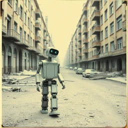 polaroid of funny robot walking in abandoned soviet city