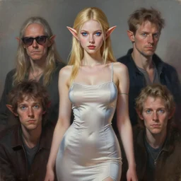 a painting of an female elf wearing a skintight dress with blonde hair and blue eyes, an ultrafine hyperdetailed illustration by tooth wu and wlop and beeple and greg rutkowski, trending on artstation, highly detailed, 4 k, 8 k
