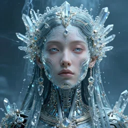 a pfp of a highly lifelike beautiful divine tribal high priestess water with adornments of crystals wide hdr whole infinite capsule apparent with awe an idea seep's into infinity, face axonometric mechanical fantasy intricate elegant, in void of latent space, volumetric lighting h 7 0 4