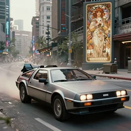 back to the future movie still, delorean, with a sleek spoiler, driving down the streets of a cyberpunk abandoned city, by greg rutkowski, by stanley artgerm, by alphonse mucha