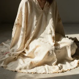 fabric woman sits sunlit dried caked bleached