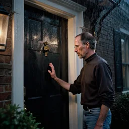steve jobs knocking at the front door for someone to let him in the house, while it's thunderstorm, at night