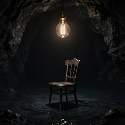 beautiful matte painting, chair under an edison bulb in empty black space, infinite black cave lake, artstation, steampunk, extreme contrast, sunken in black water, void