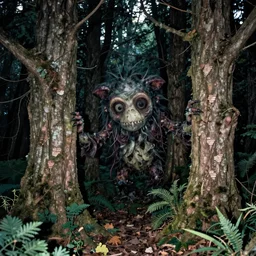 wide angle flash photo of a creepy anthropomorphic creature hiding behind trees in a magic forest by Gustave Doré and Dean Ellis