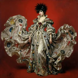one person only. One head only. Long flowing dress. Oversized flowing swirling dress floating very ornate dress . Solomon Joseph Solomon and Richard Schmid and Jeremy Lipking victorian genre painting portrait painting of a young beautiful woman punk rock goth with punk rock haircut in fantasy costume, red background