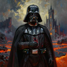 oil painting of darth vader crying at his castle on mustafar, lava lake