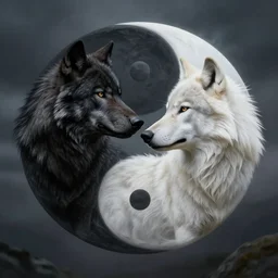 a black wolf head and a white wolf head mixed into a round yin yang symbol, fantasy art