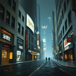 a photograph of a futuristic street scene, brutalist style architecture, straight edges, shop signs, video screens, finely detailed oil painting, impasto brush strokes, soft light, 8 k, dramatic composition, dramatic lighting, sharp focus, octane render, masterpiece, by adrian ghenie and jenny saville and zhang jingna