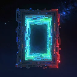 A beautiful render of a pastiche, floating among stars, influenced by Yoshitaka Amano and ilya repin and ted nasmith, mysterious, glowing neon blue teal red green colors in the walls of portal, insanely detailed and intricate, octane render, volumetric lighting, high contrast, ultraviolet and neon colors, trending on Artstation, 4K