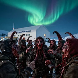 filmic extreme close up shot movie still 4 k uhd exterior shot 3 5 mm film color photograph of a terrifying crowd of people being attacked by other people with tentacles and blood faces around mcmurdo station in antarctica at night with the northern lights lighting up the sky, only color images, in the style of the horror film the thing 1 9 8 2