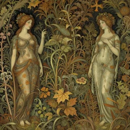 breathtaking detailed concept art painting of goddesses of autumn, vintage illustration pattern with bizarre compositions blend of plants and stems and leaves by william morris, exquisite detail, extremely moody lighting, 8 k