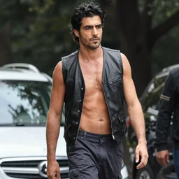 photo of fabio lanzoni with black hair and a five o clock shadow wearing a black leather vest, shirtless, dark cargo pants 9 9 9 9 9 9 9 9 9