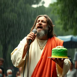 richard harris as jesus singing macarthur park in the pouring rain, holding a microphone and a green cake, hyperdetailed