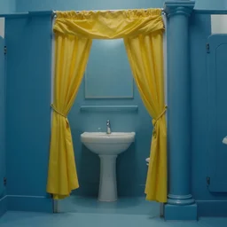 movie still of a blue pre - human bathroom with yellow drapery with columns next to a lake, cinestill 8 0 0 t 3 5 mm, heavy grain, high quality, high detail