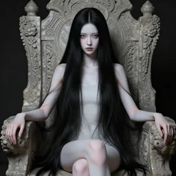 highly detailed portrait of a beautiful girl, endless black hair with pale skin, fibonacci fragile sitted on an intricate stone throne, by james jean, by victo ngai, 4 k resolution, trending on artstation, very very detailed, masterpiece, stunning,