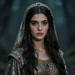 gorgeous iranian warrior girl of the feywilds, beautiful face, fine details, shimmering clothing, moody lighting, by brian froud, by john anster fitzgerald