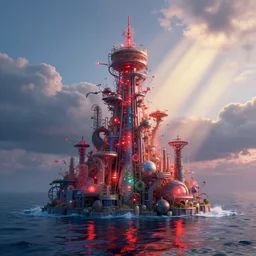 a beautiful insanely intricate bioremediation plant in the middle of the ocean, beautyfull tower with red lights, reflexions, colorfull, octane render, redshift, hdr, volumetric light, clouds, sunrays, trending on artstation, insanely detailed, masterpiece