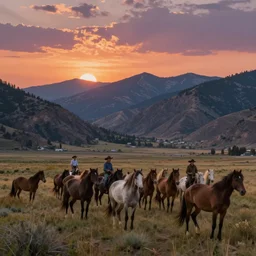a sunset over a mountain valley, a heard of wild mustangs, cowboys, western, by greg rutkowski and thomas kinkade, trending on artstation